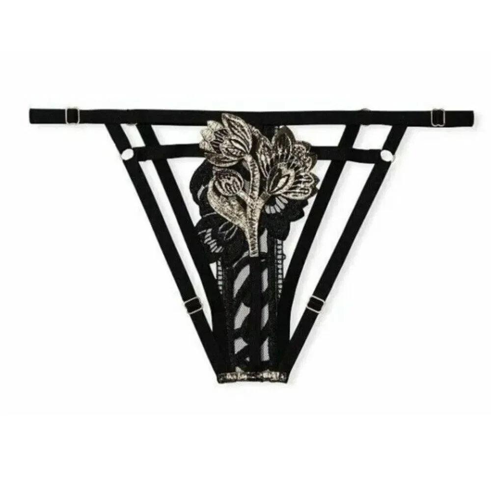 Victoria's Secret Embroidered‎ Open Cup Bra String Bikini Set 36C / S Black Gold